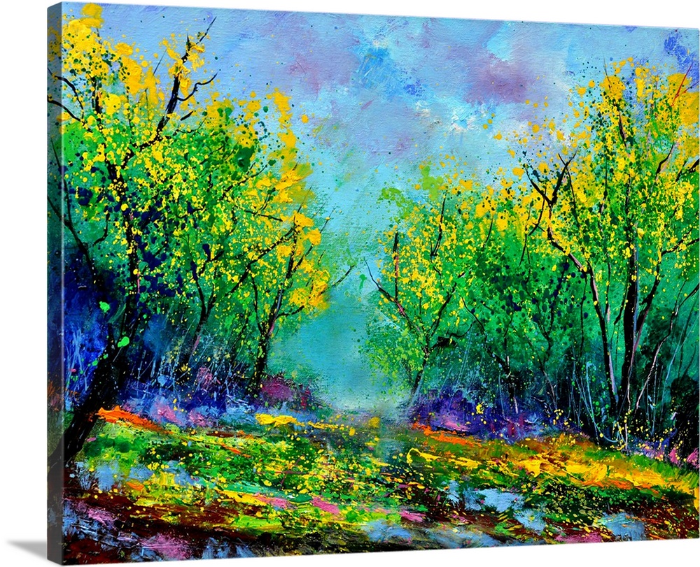 Painting of a summer landscape with colorful flowers in the foreground and a bright sky in the background.