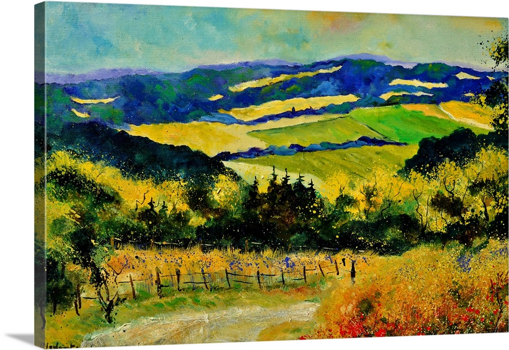 Horizontal landscape of rolling fields in vibrant colors on a summer day.