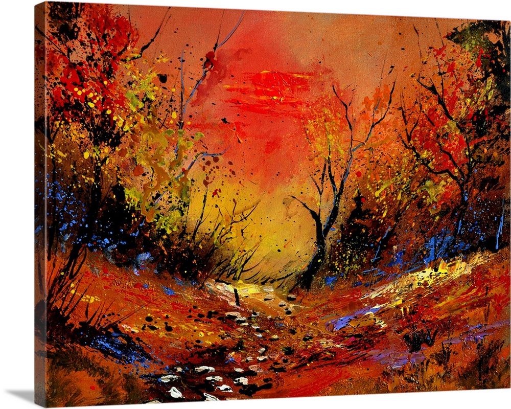 Horizontal painting of a vibrant sunset in the country framed by blooming plants in warm colors.