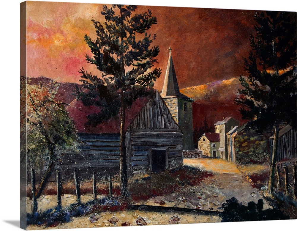 Painting of a subtle sunset in the village of Vresse Ardennes, Belgium.