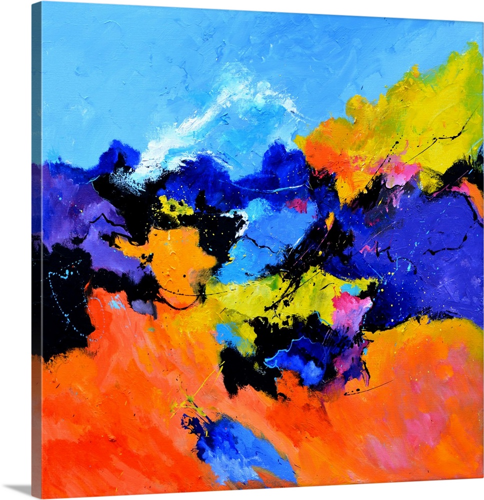 Abstract painting with vibrant hues in shades of orange, yellow, blue, pink, purple, and white mixed in with black contras...