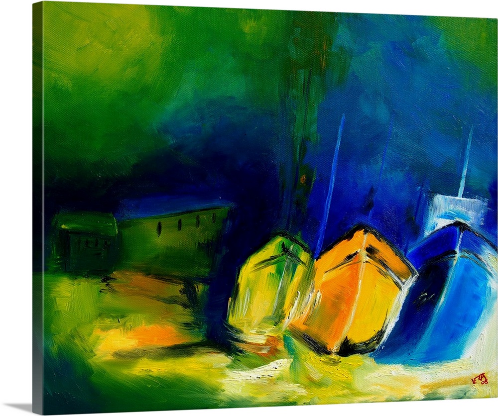 A contemporary abstract painting of three boats at a dock.