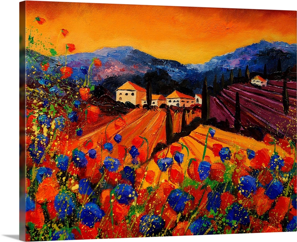 A horizontal painting of rolling fields and houses in rural Tuscany with red and blue poppies in the foreground.