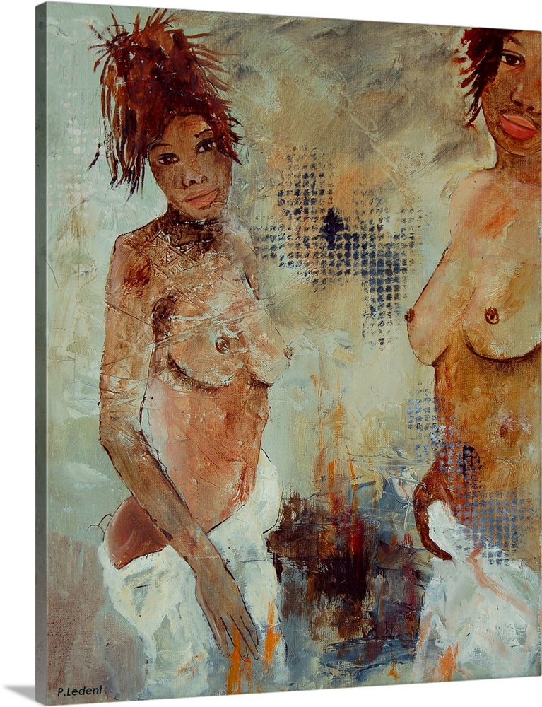Nude painting of two woman holding a white towel around their waist as they look toward the artist.
