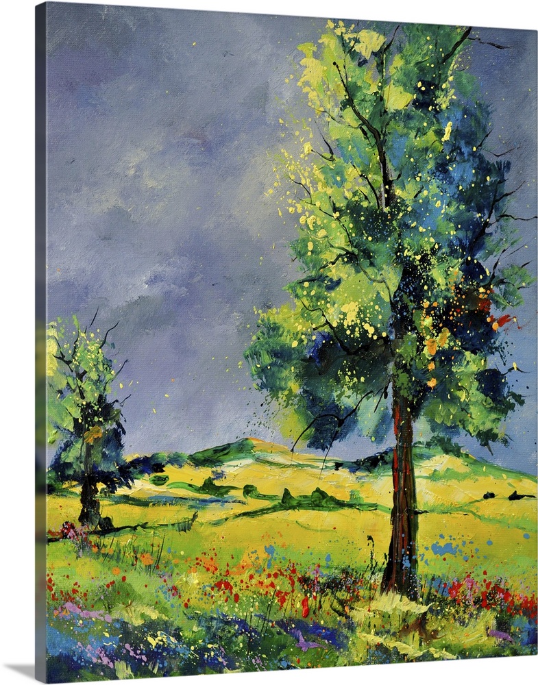 Vertical painting of lively oak trees and rolling hills.