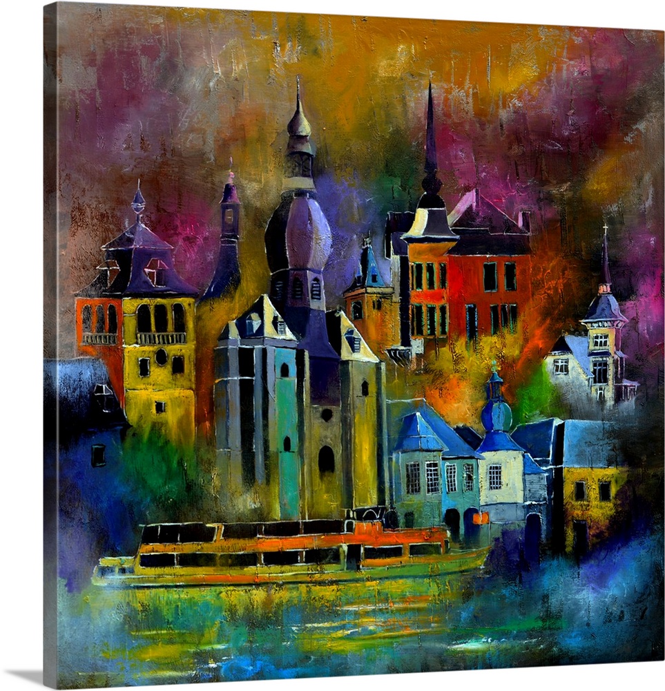 Square painting of multi-color buildings in a city landscape.
