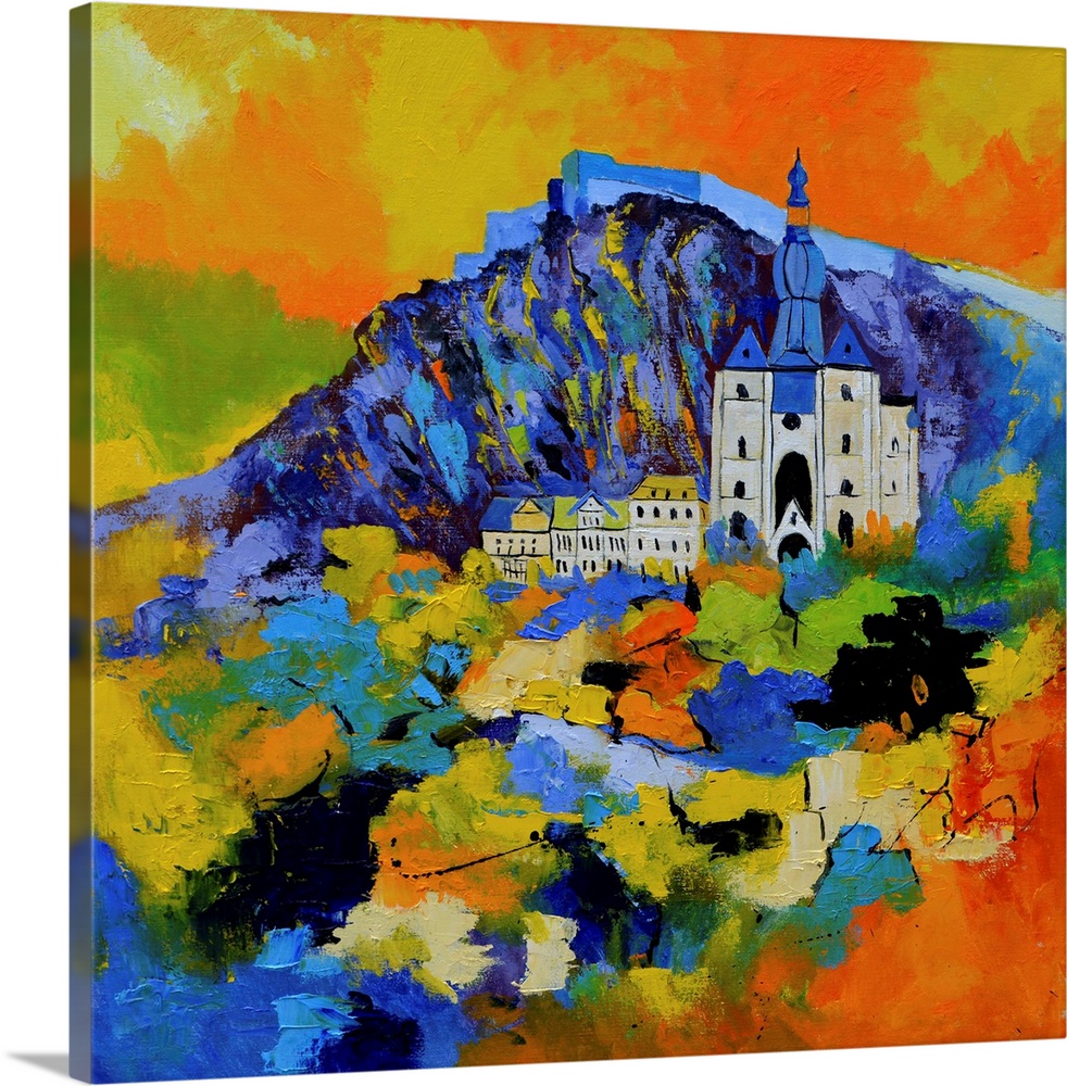 Abstract representation of the city of Dinant, Belgium with Notre Dame de Dinant and surrounding buildings laid against co...