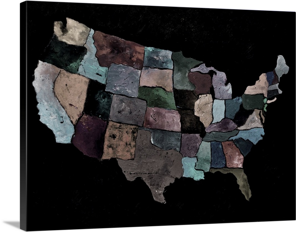 Painting of the United States of America in multi-color paints in neutral colors against a black background.