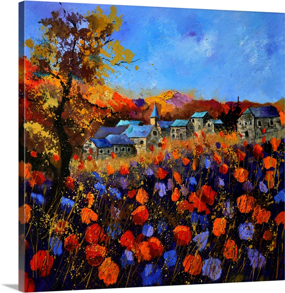 Vibrant painting of a fall day with blossoming flowers, a colorful sky, and a village in the distance.