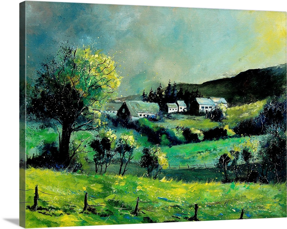 Horizontal painting of a spring landscape with rolling fields in the foreground and a Belgium village in the background.