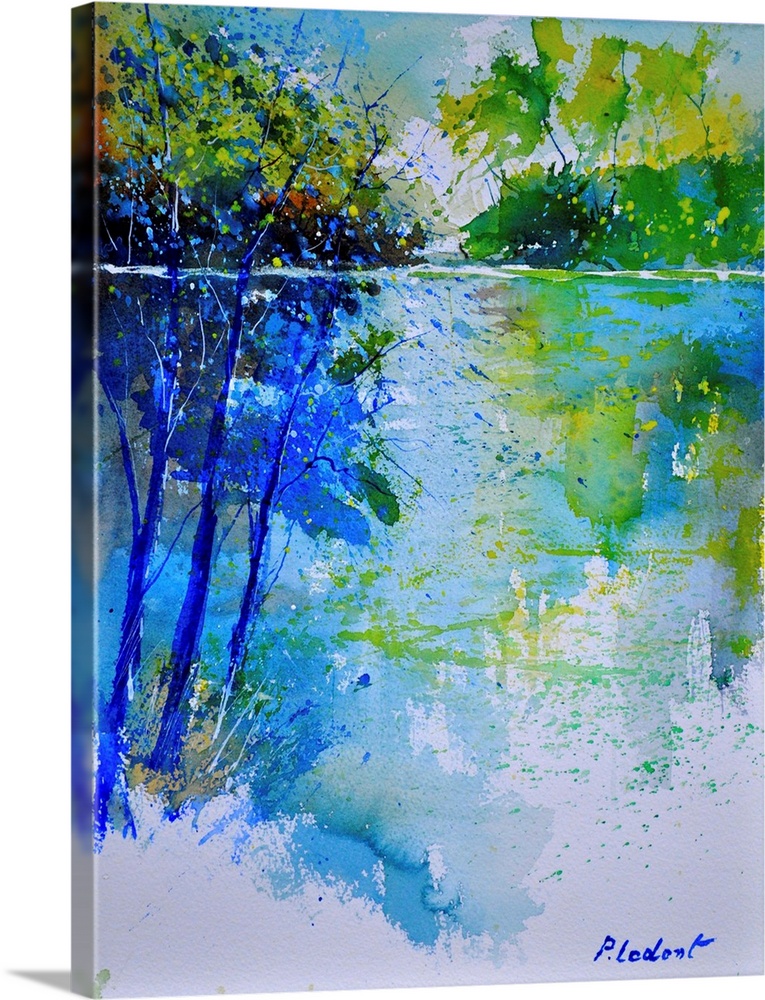 A vertical watercolor landscape of trees next to water in bright colors of green and blue.