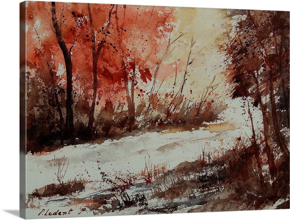 A horizontal watercolor landscape of a road through the forest with muted speckled colors of brown and red.