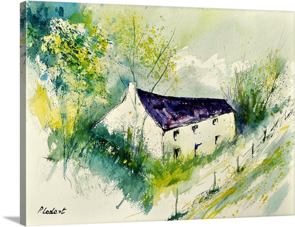 Watercolor painting of trees surrounding a house done in vibrant colors of yellow and green.