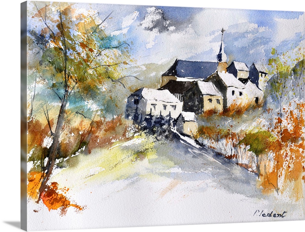 A horizontal abstract landscape of a church with watercolors of brown, green and blue.