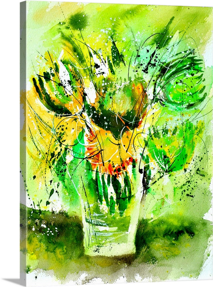 A vertical abstract watercolor of a vase of flowers with vivid colors of green and yellow.