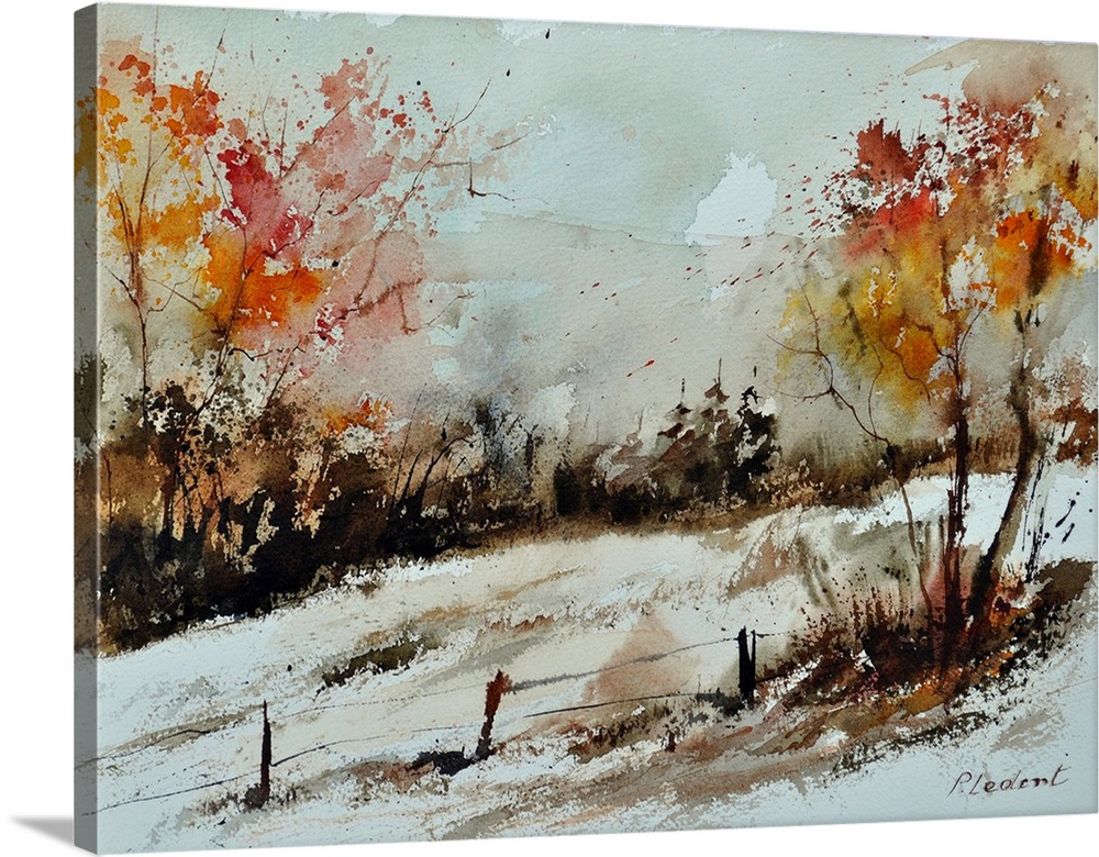 A horizontal watercolor landscape of a fenced in field with muted speckled colors of brown, orange and red.