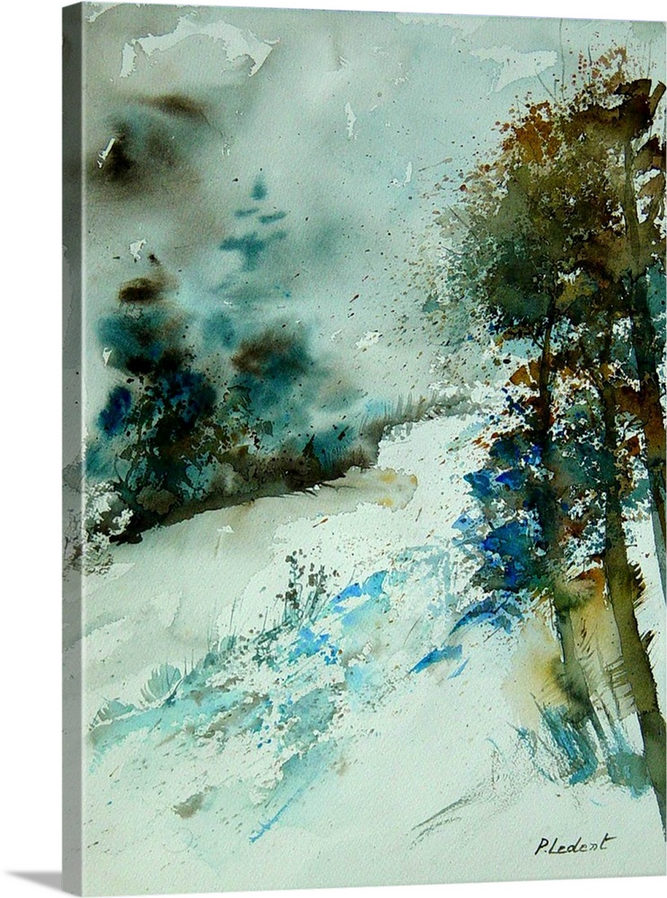 A vertical watercolor painting of a line of trees in the countryside in natural colors of brown, gray and blue.