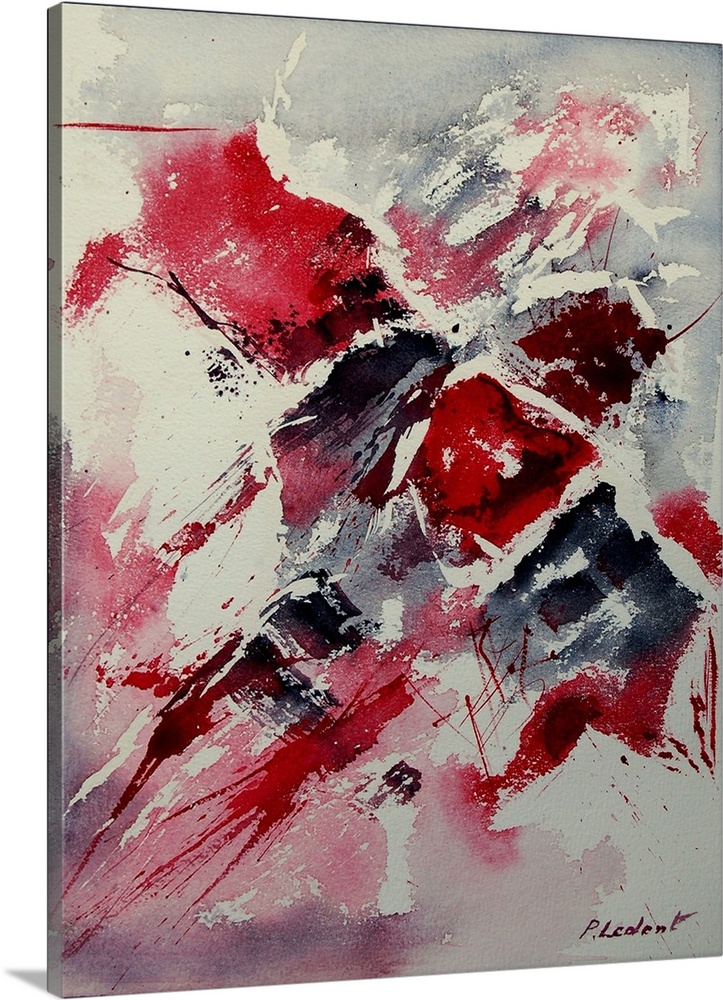 A vertical abstract painting of colors of red, white and black in bold brush strokes and splattered paint.