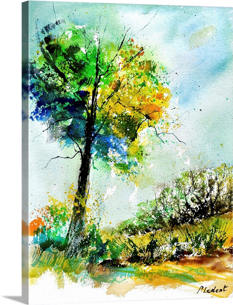A vertical watercolor landscape of a tree with vibrant speckled colors of yellow, green and blue.
