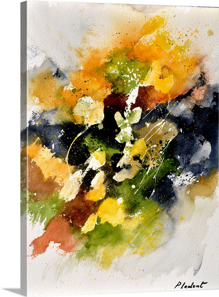 Abstract watercolor painting with vibrant hues in shades of orange, yellow, green and white mixed in with black contrastin...