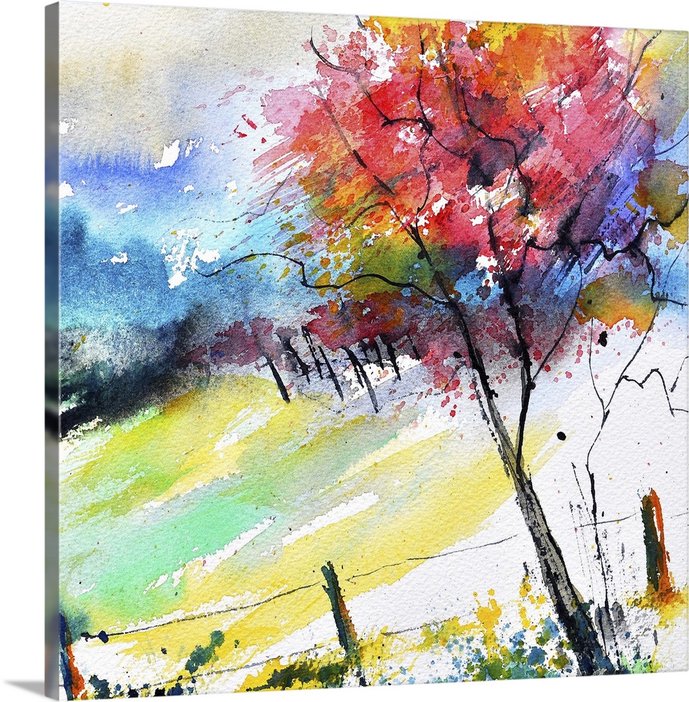 A square watercolor landscape of a tree in autumn colors.