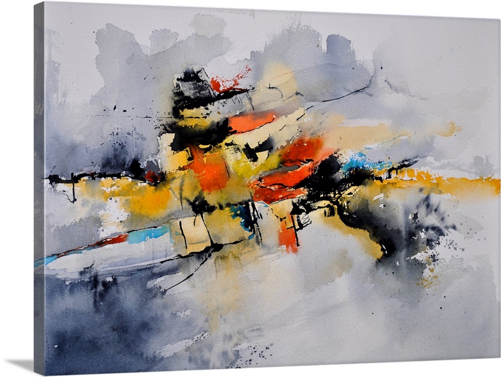 Abstract watercolor painting in blended shades of black, orange, blue and yellow.
