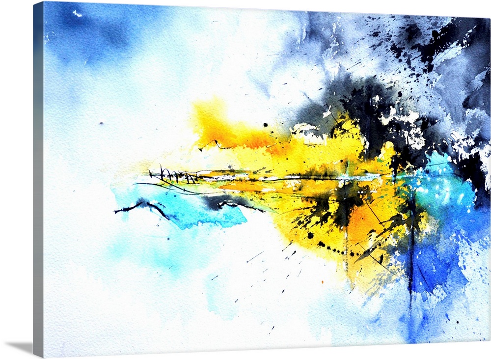 Abstract watercolor painting in blended shades of black, blue and yellow.