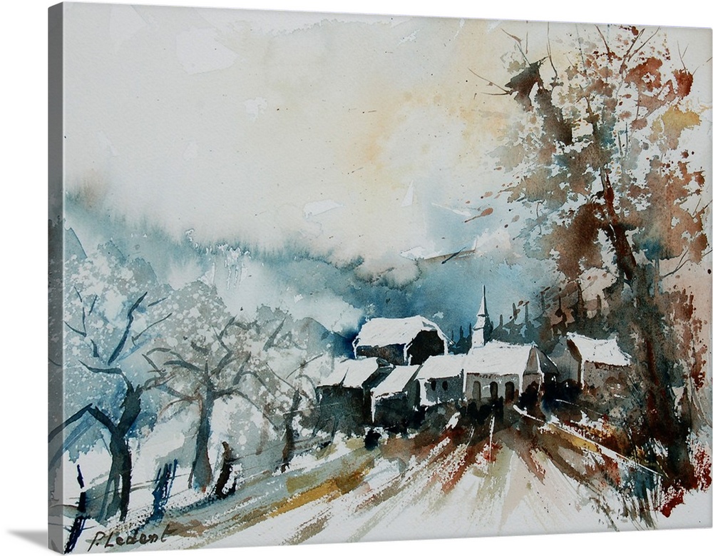Watercolor painting of a tree lined road that leads into a small village done in muted colors of brown and blue.