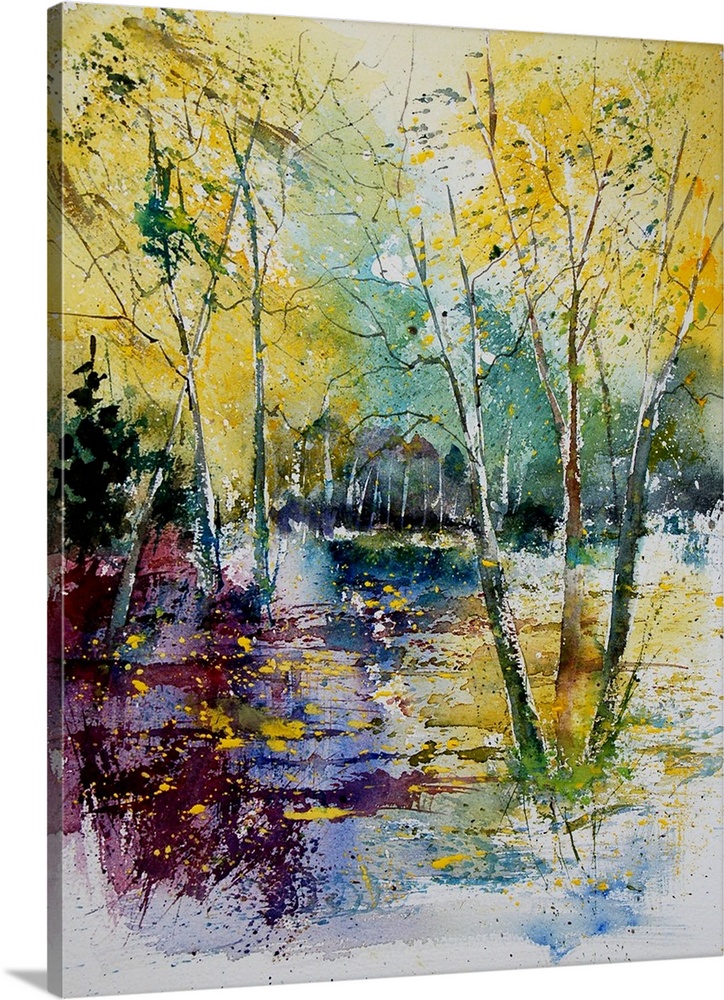 Watercolor painting of a pond in a forest done in vibrant colors of yellow, green and blue.