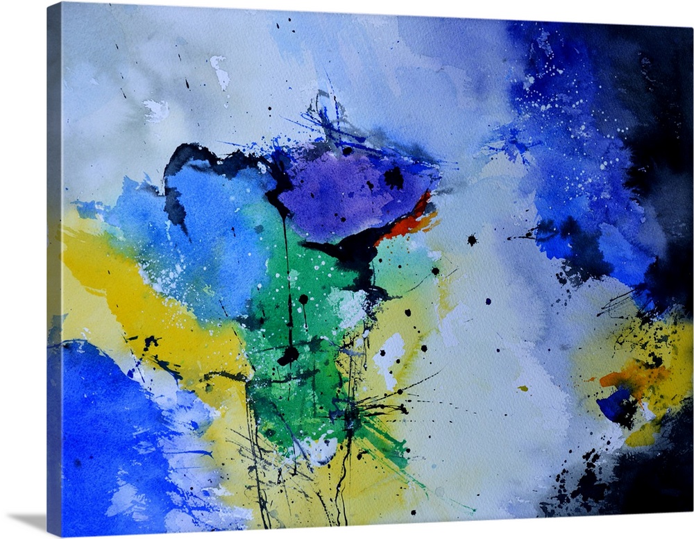 Abstract painting in shades of yellow, blue, purple and green with splatters of paint overlapping.