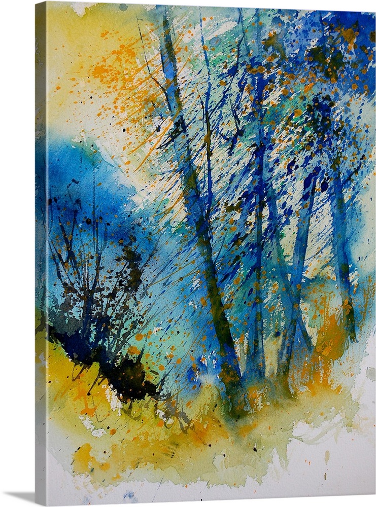 A vertical watercolor landscape of trees in bright colors of yellow and blue.