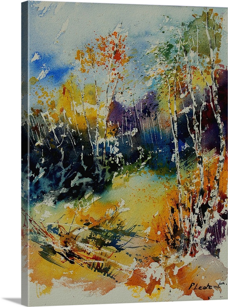 A vertical watercolor landscape in bright colors of yellow, green and blue.