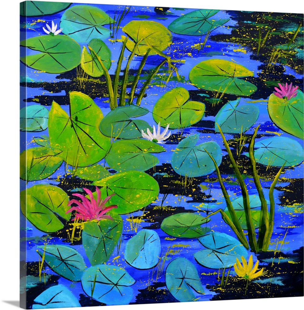 Square painting of blue and green water lilies with flower blooms and small speckles of paint overlapping.