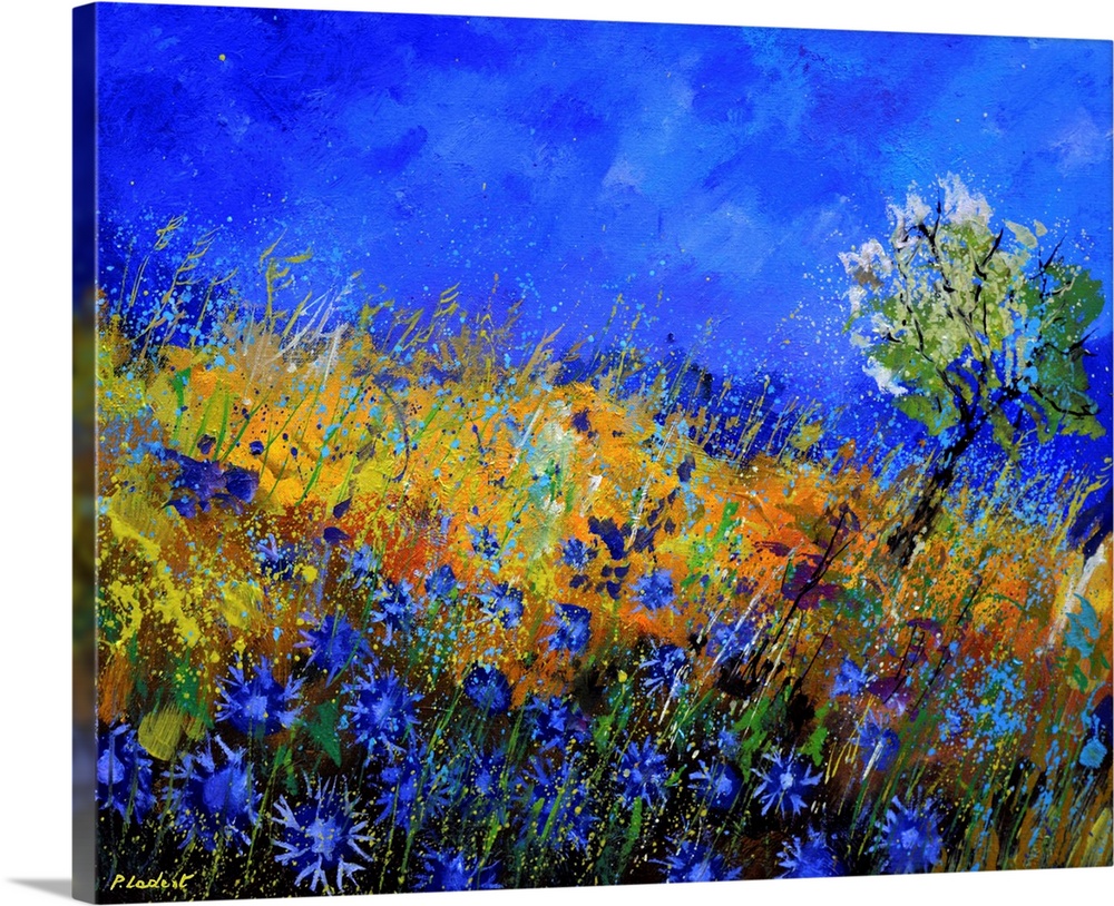 Contemporary abstract painting of a field of blue flowers.