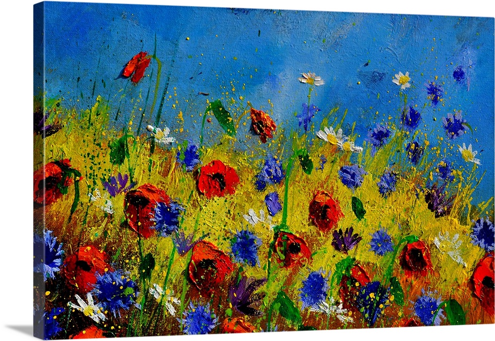 Horizontal painting of colorful flowers in a field and a bright blue sky with small speckles of paint overlapping.