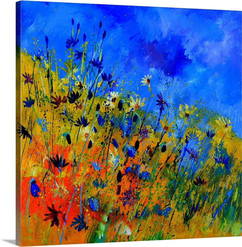 Square painting of colorful flowers in a garden and a bright blue sky with small speckles of paint overlapping.