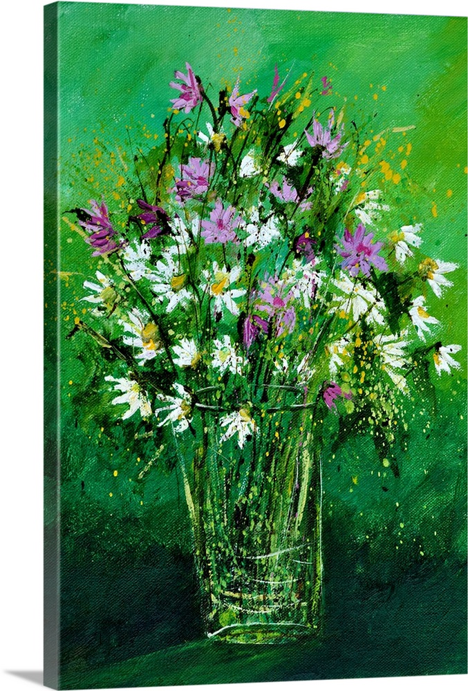 A large bouquet of flowers in bright colors of white and purple, against of green backdrop.
