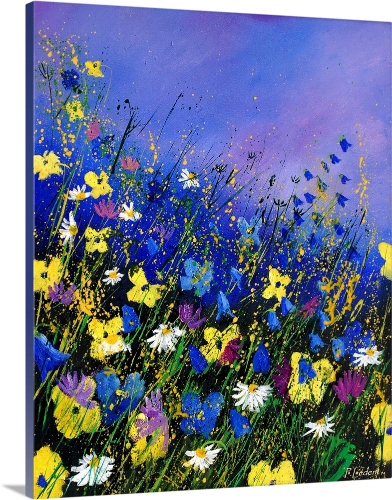 Vertical painting of a field of wild flowers  with splatters of multi-color paint overlapping the image.