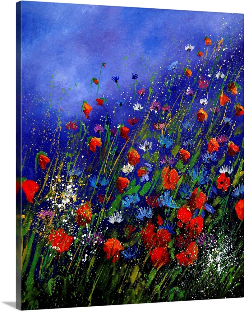 Vertical painting of a field of red and blue wild flowers in bloom with a vibrant blue sky.