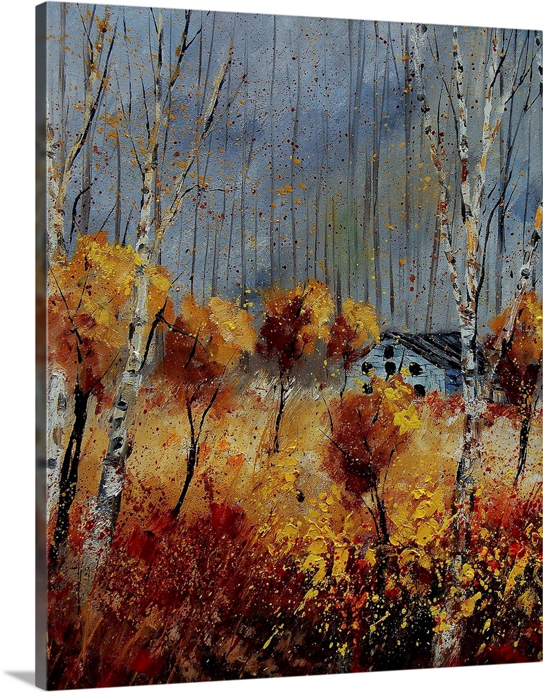 Vertical painting of lively orange leaved  trees surrounding a small house on an autumn day.