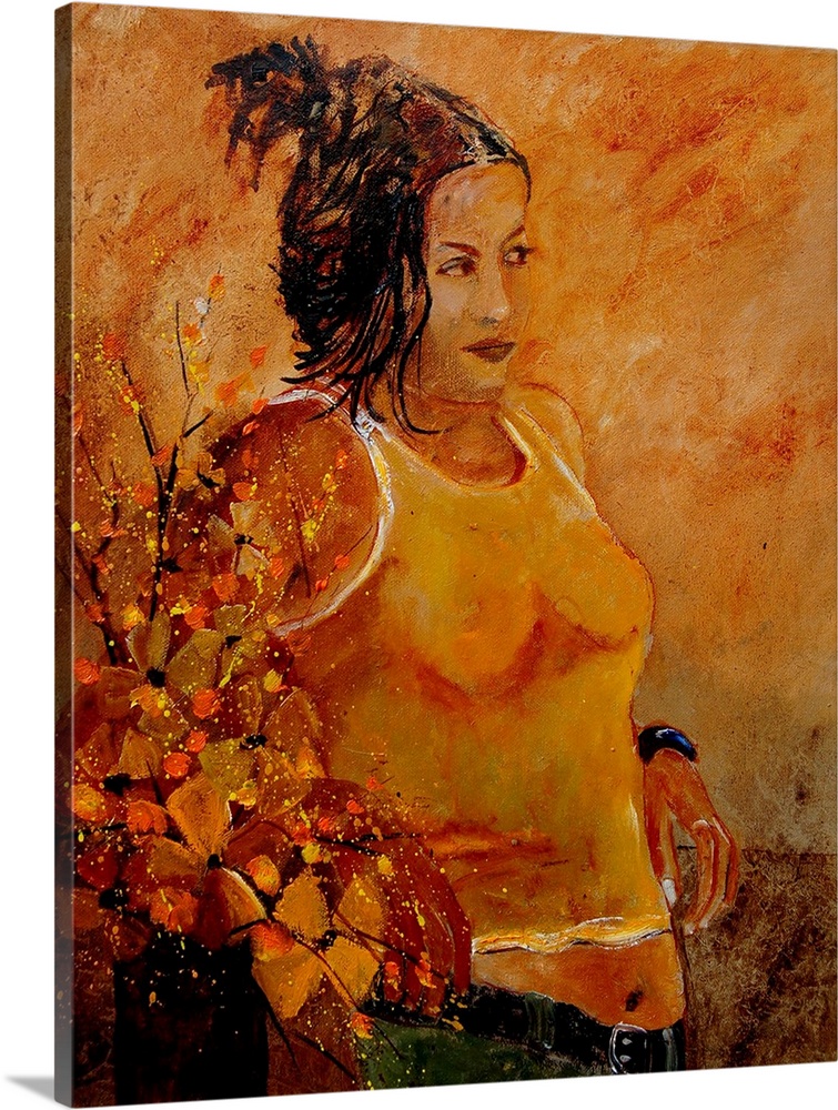 A portrait of a woman leaning against a table with flowers on it, painted in varies shades of orange and brown.