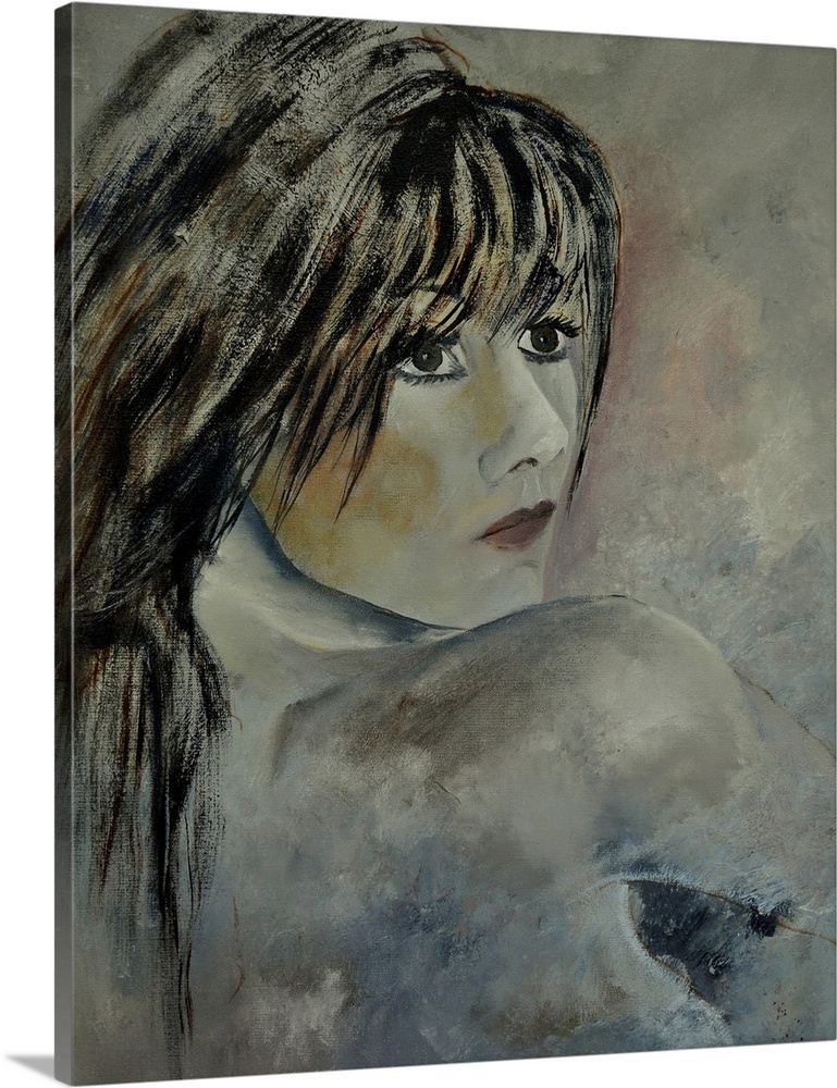 A protrait of a woman looking over her shoulder, done in textured neutral tones.