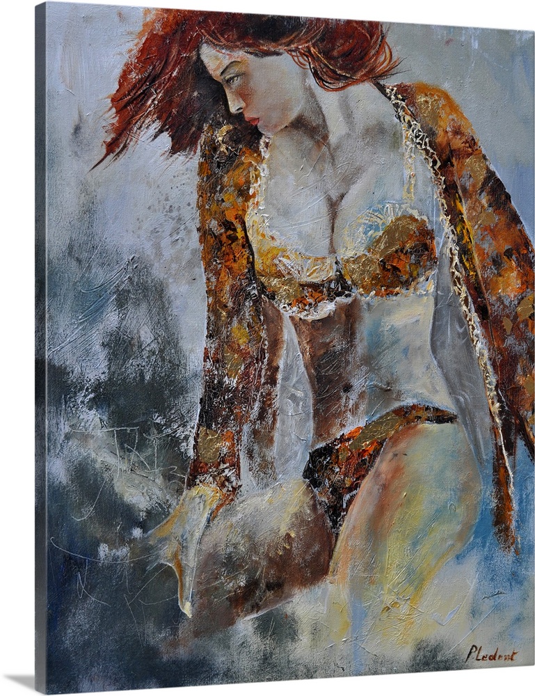 A portrait of a woman wearing lingerie, looking over her shoulder, done in textured neutral tones.