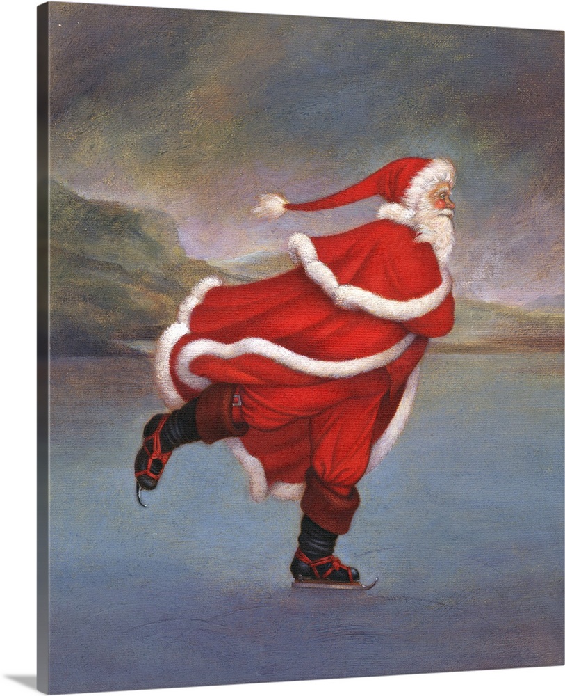 Contemporary painting of Santa Claus ice skating on a frozen lake.