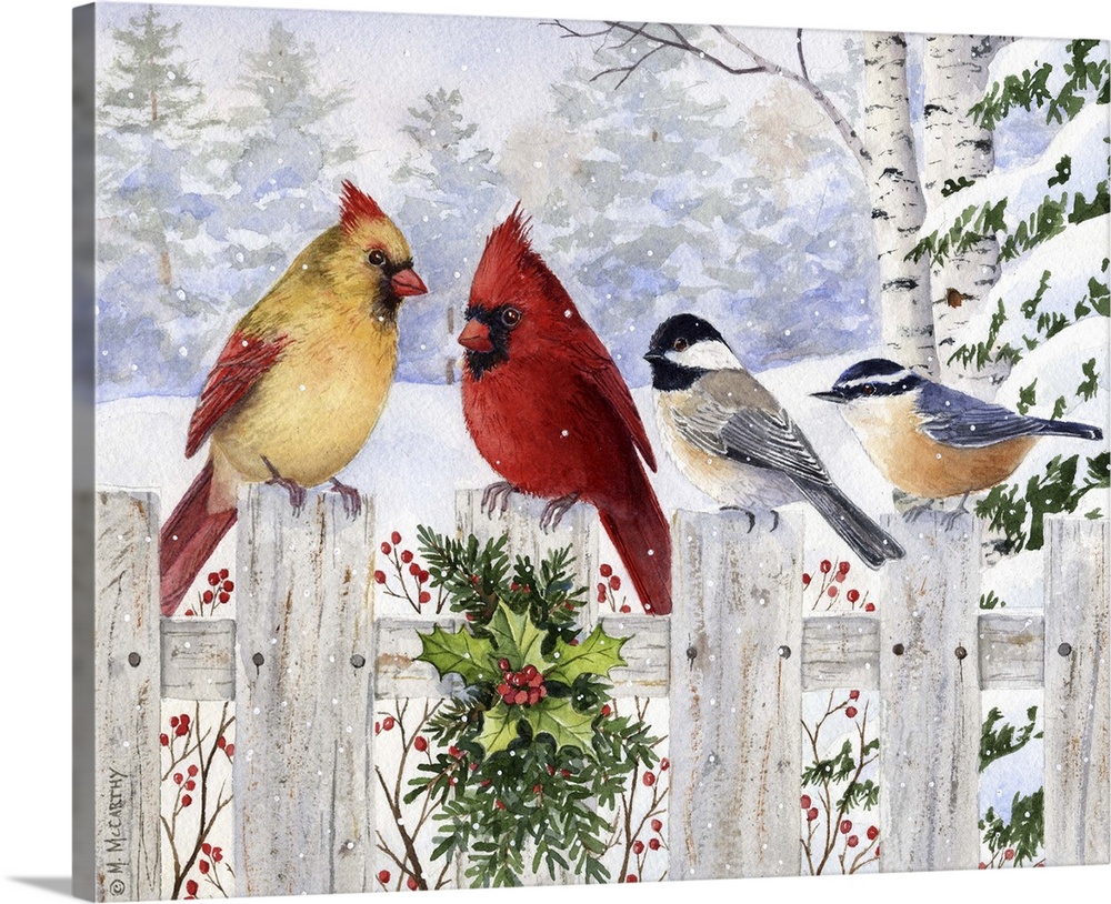 A pair of cardinals, a chickadee, and a nuthatch perched on a wooden fence.