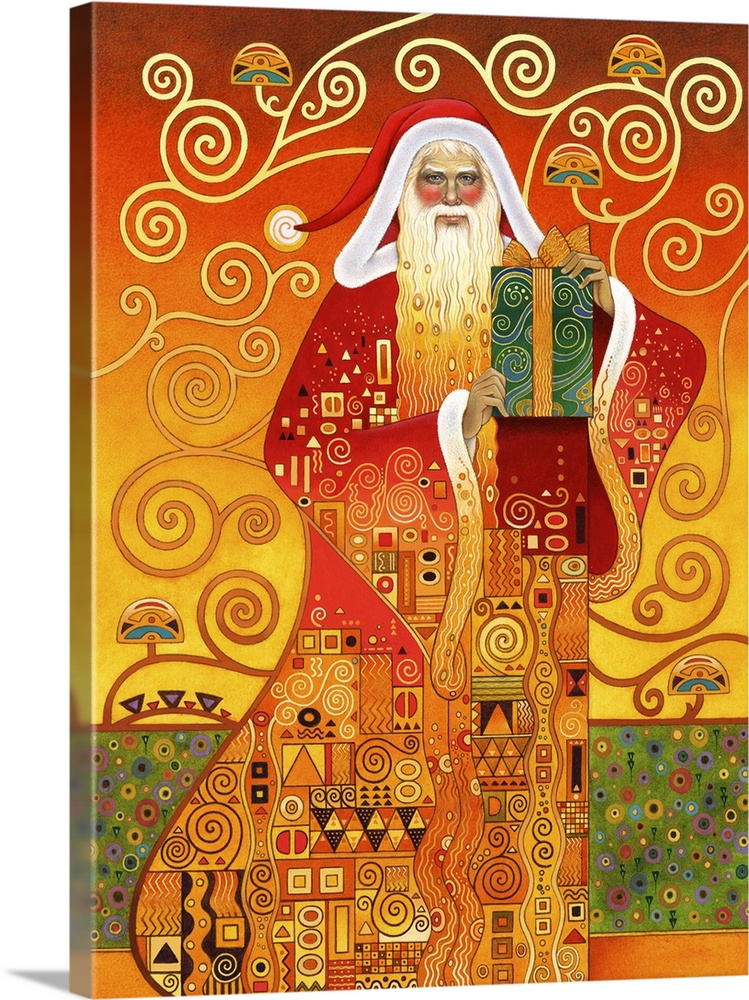 A contemporary painting of Santa Claus holding a gift done in Gustav Klimt's signature style.