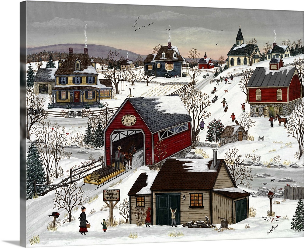 A rural town with barns and a covered bridge in the winter.