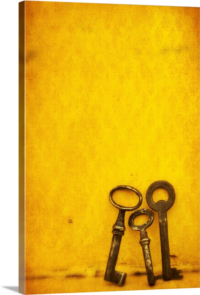 Vertical fine art photograph on a big canvas of three different vintage keys, resting upright together against a vibrant g...