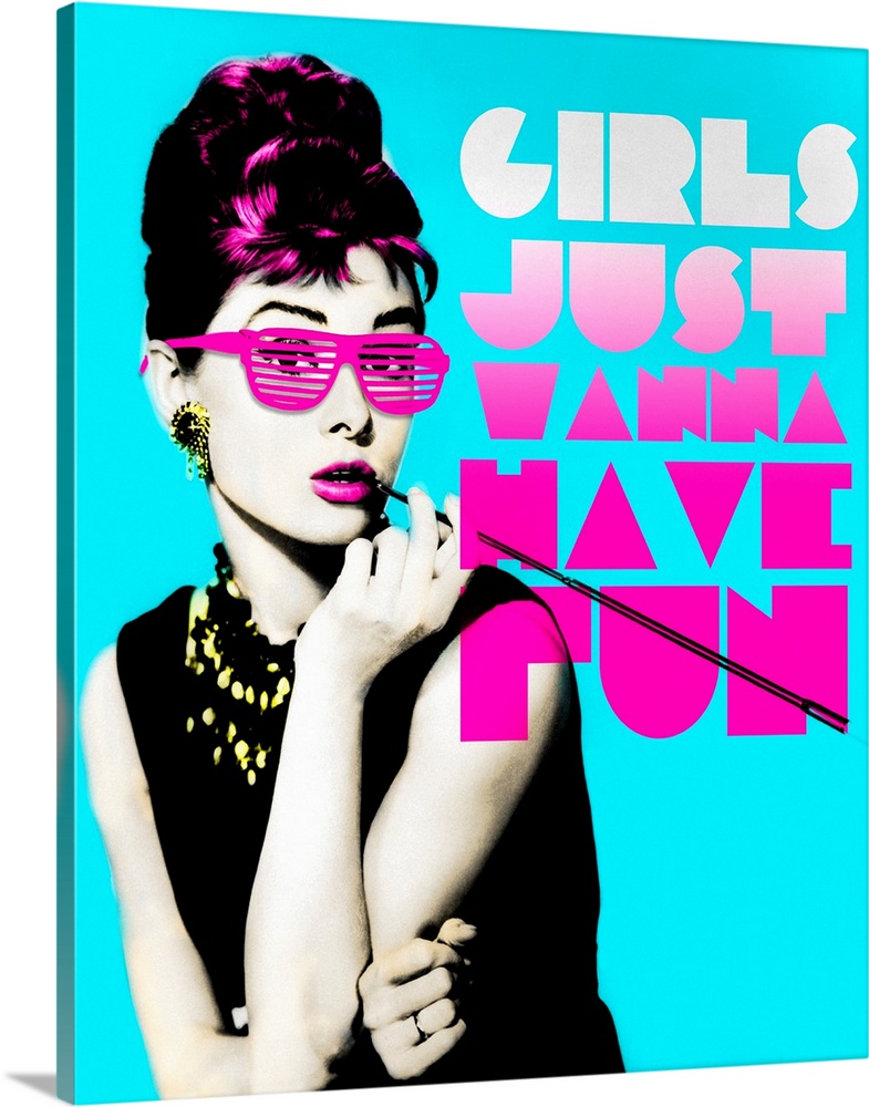 Wall art of Audrey Hepburn wearing sunglasses with the text, ""Girl's just wanna have fun"".