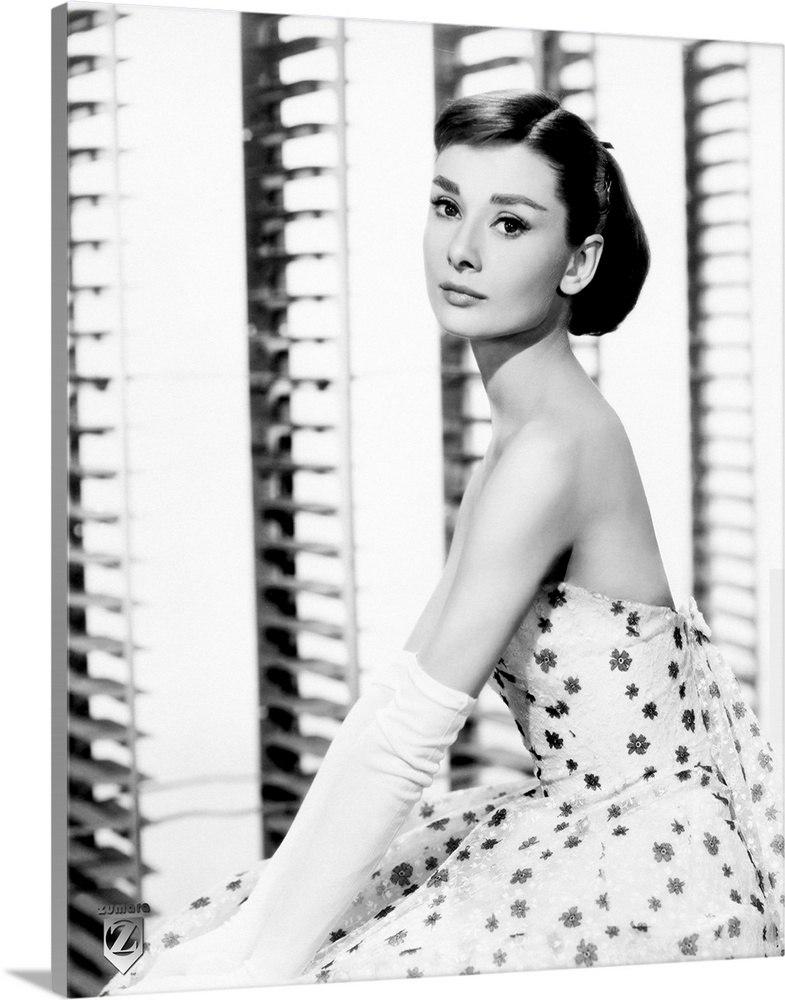 Big, vertical photograph of a side view of Audrey Hepburn sitting in a floral dress and long, white gloves, as she looks t...